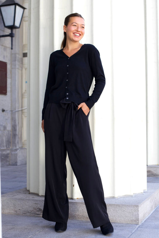 Alba Black Paperbag Pants Straight Leg Elastic Waistband-1