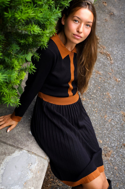 Clarissa Knit Women's Dress Contrast Trim Long Sleeves-1