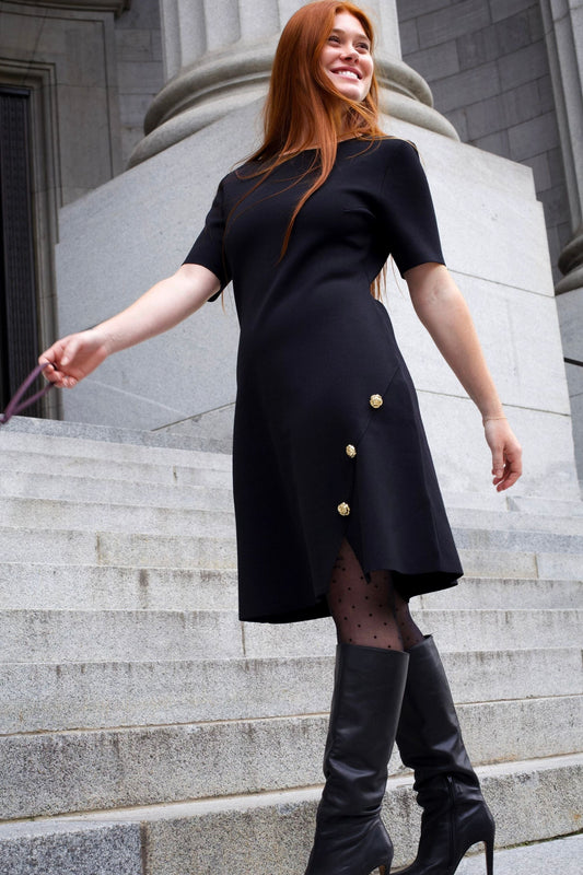 Cleo Black A-Line Dress Short Sleeves Gold Button Front Detail-1