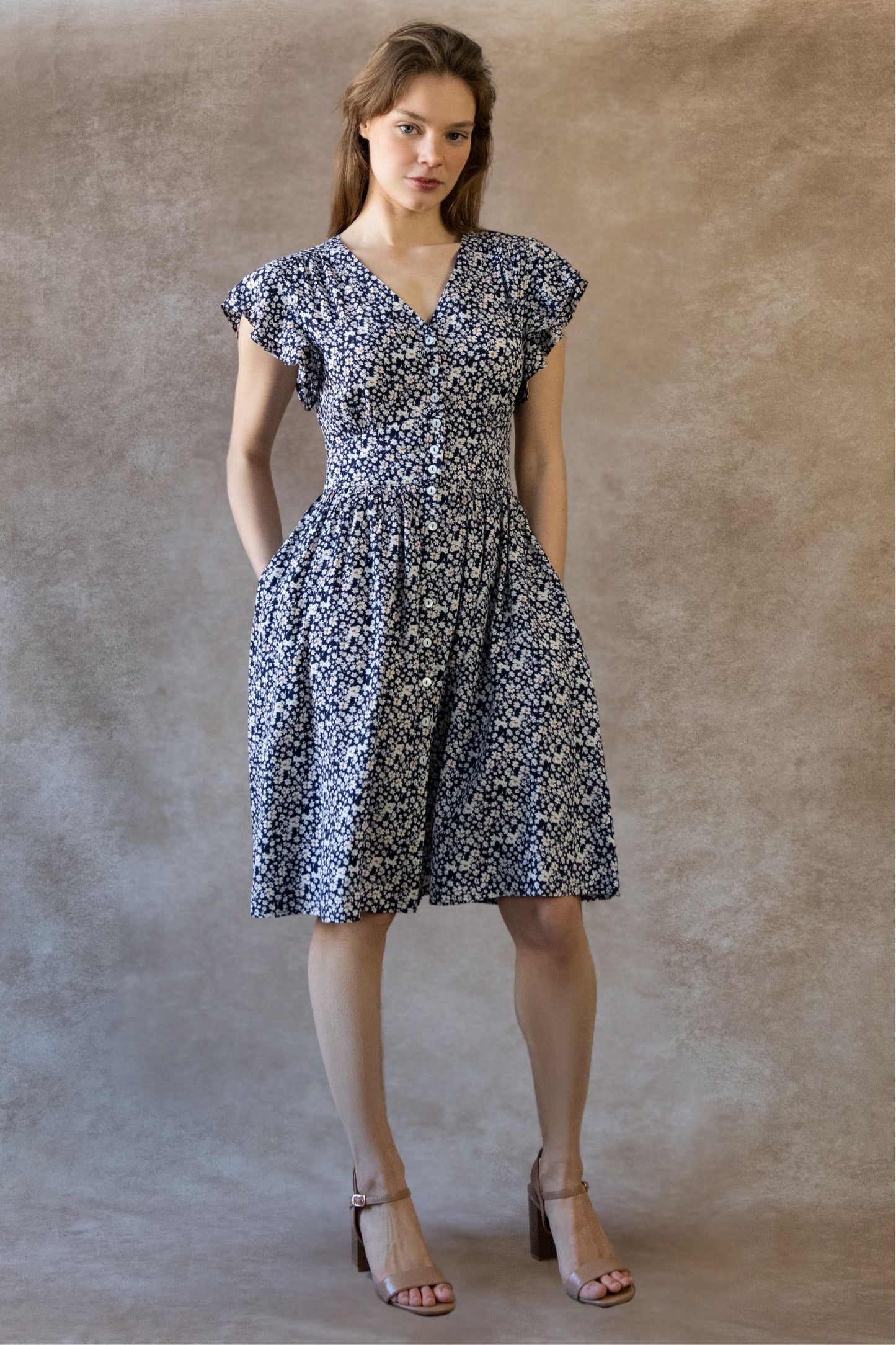 Clemence Dress Short Ditsy Floral Flutter Sleeves Pockets-2