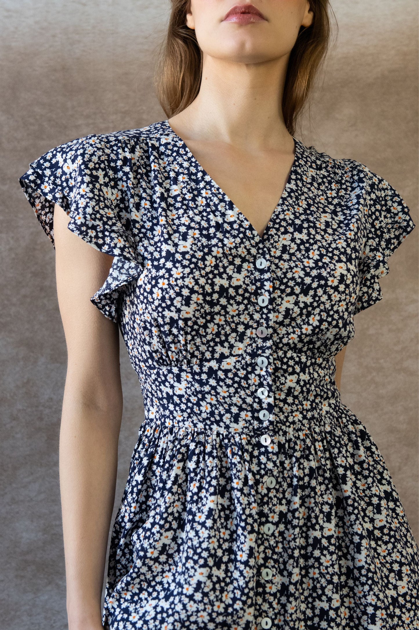 Clemence Dress Short Ditsy Floral Flutter Sleeves Pockets-1