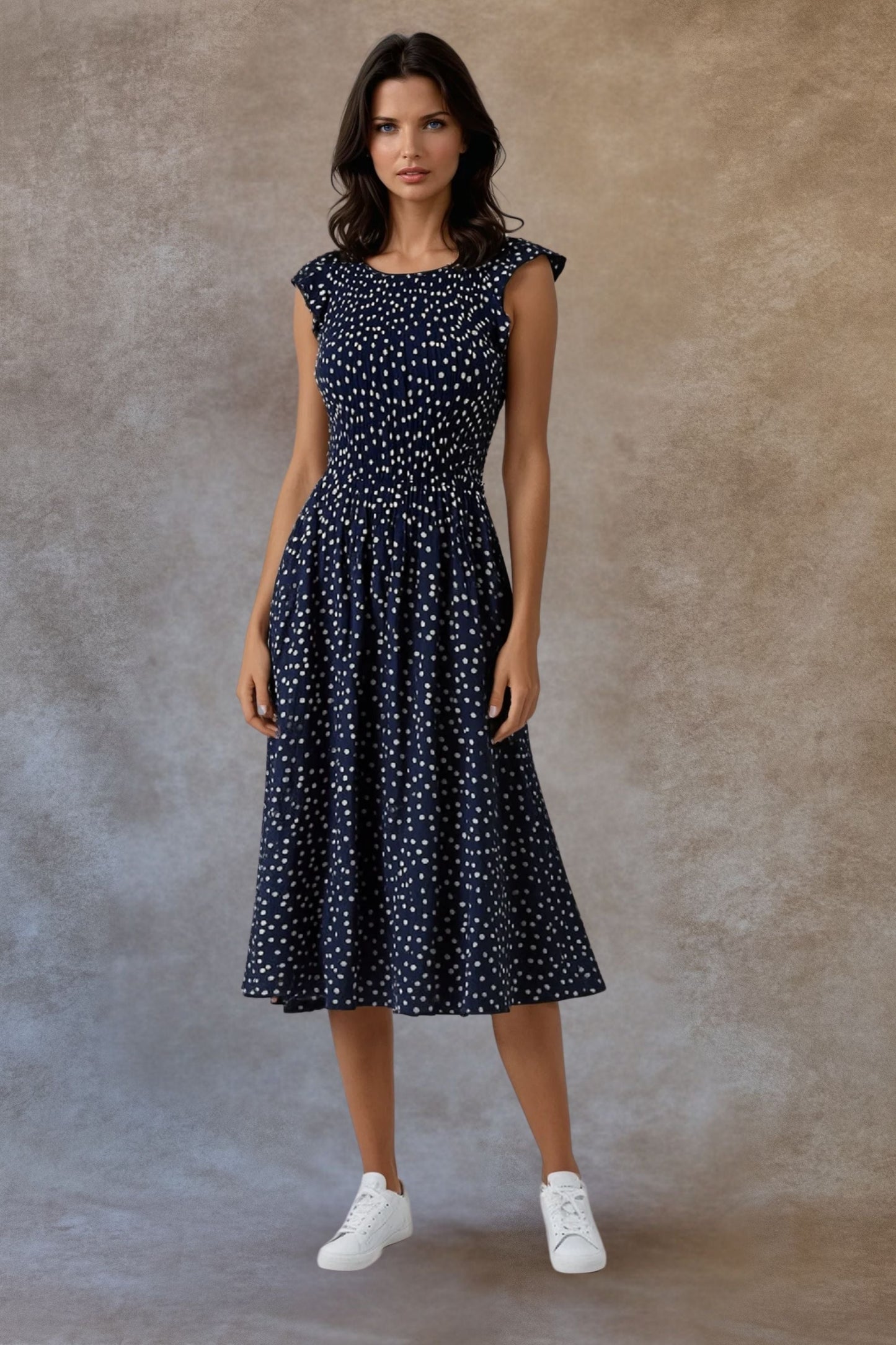 Dominique Polka Dot Midi-Maxi Dress Smocked Frilled Sleeves Navy-2