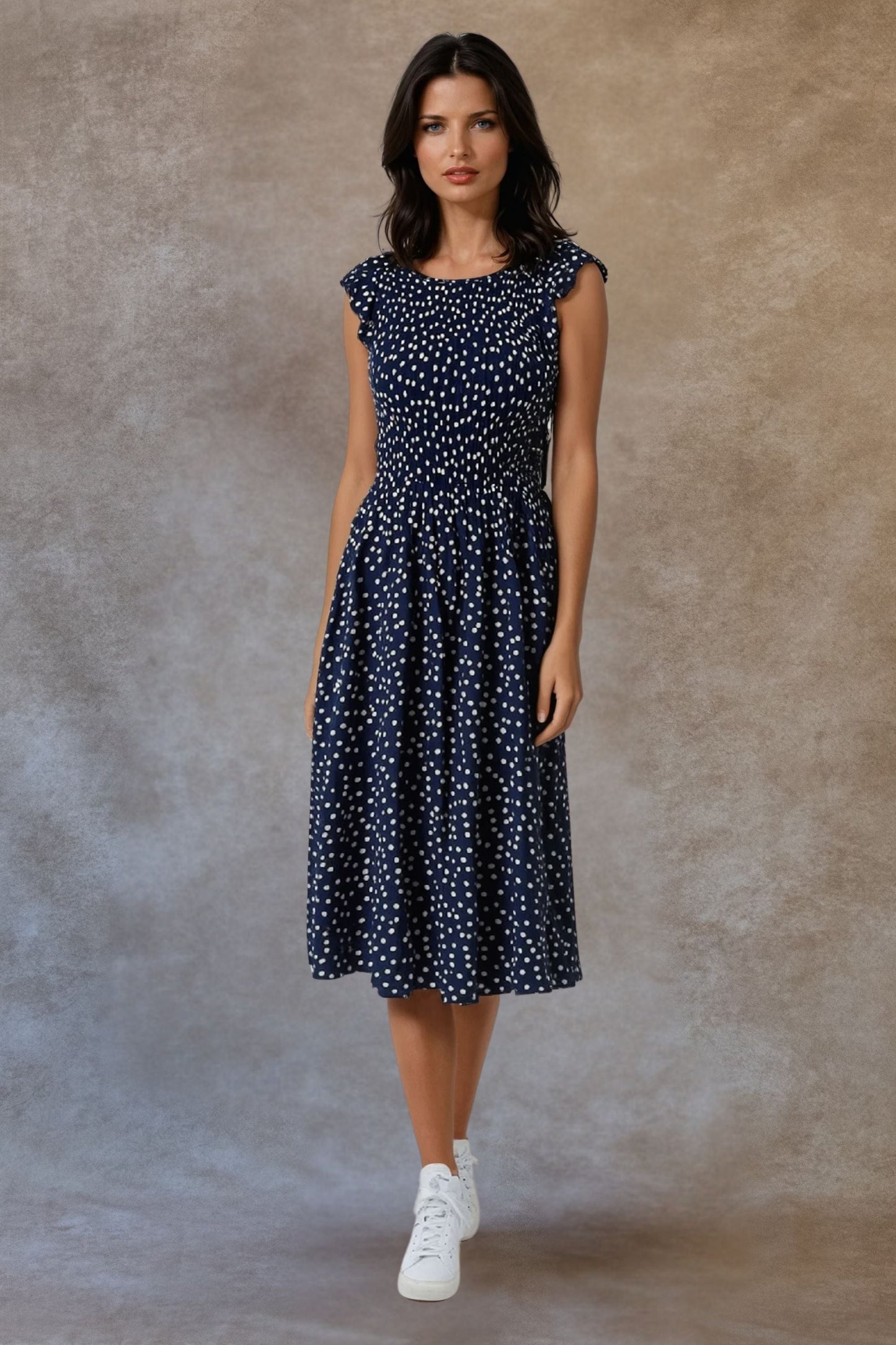 Dominique Polka Dot Midi-Maxi Dress Smocked Frilled Sleeves Navy-4