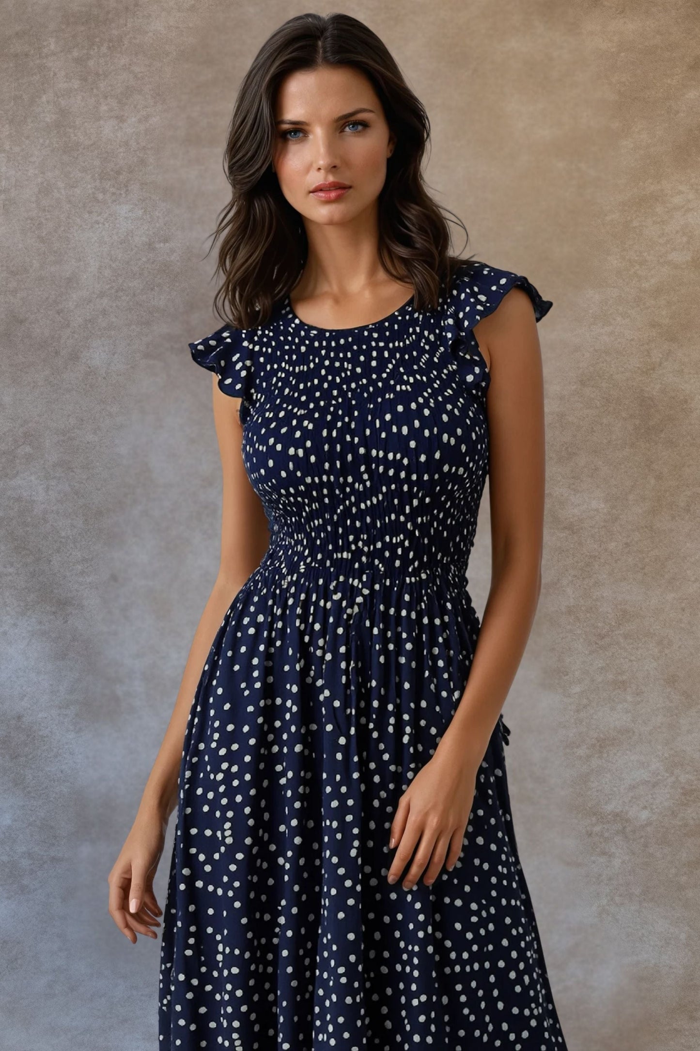 Dominique Polka Dot Midi-Maxi Dress Smocked Frilled Sleeves Navy-1