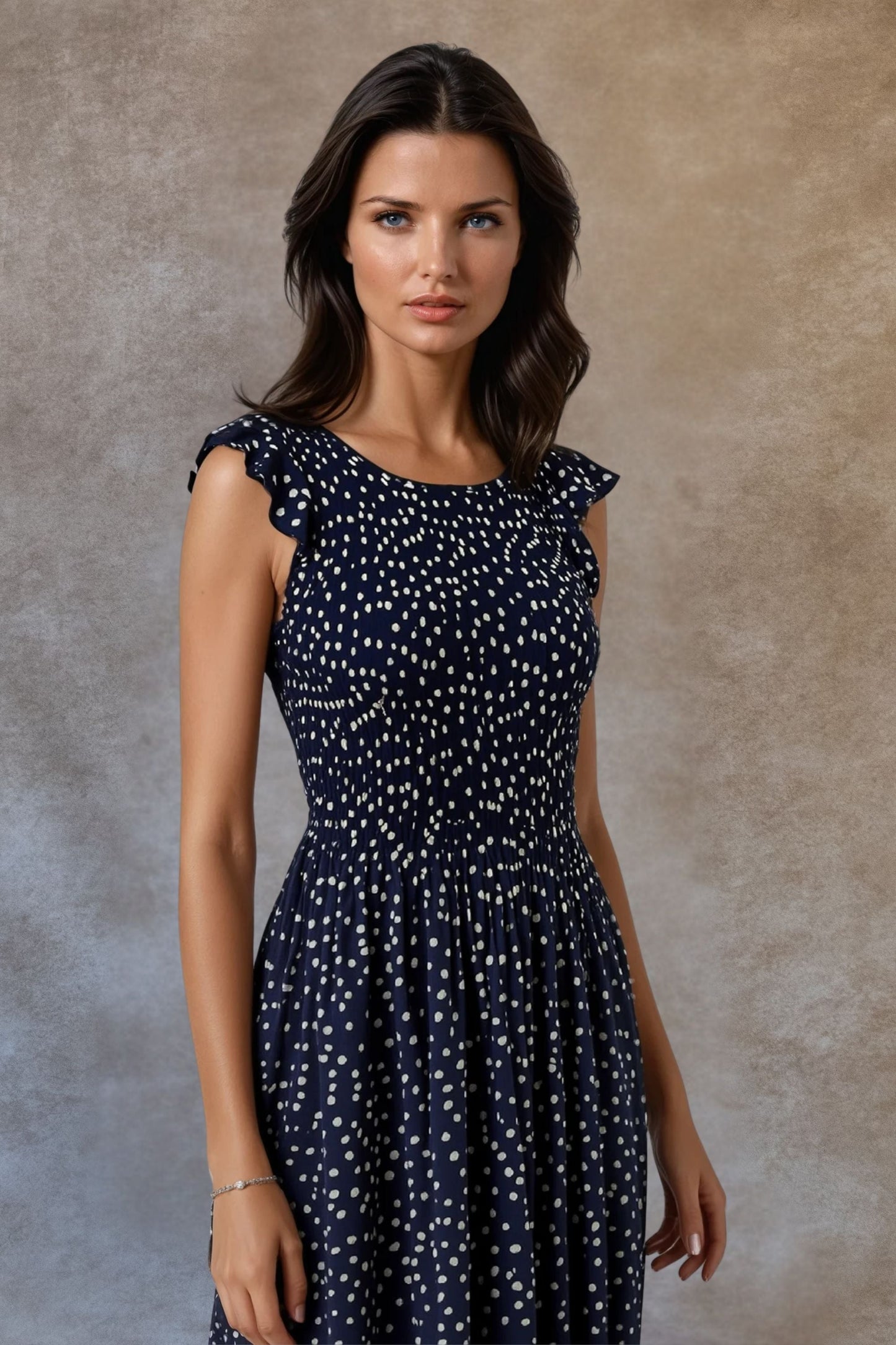 Dominique Polka Dot Midi-Maxi Dress Smocked Frilled Sleeves Navy-3