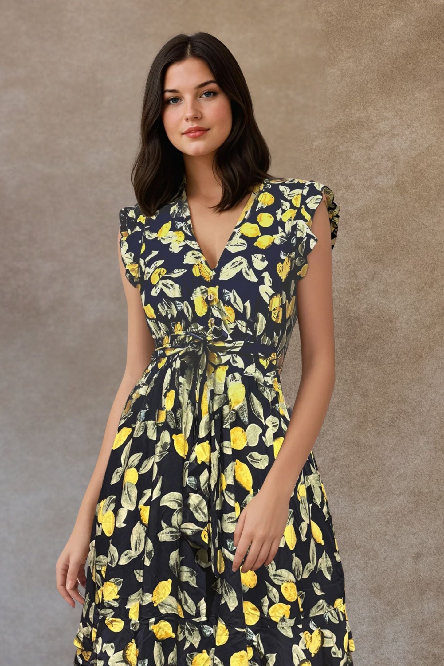 Natasha Lemon Print Short Dress Belt Pockets Ruffled Hem-4