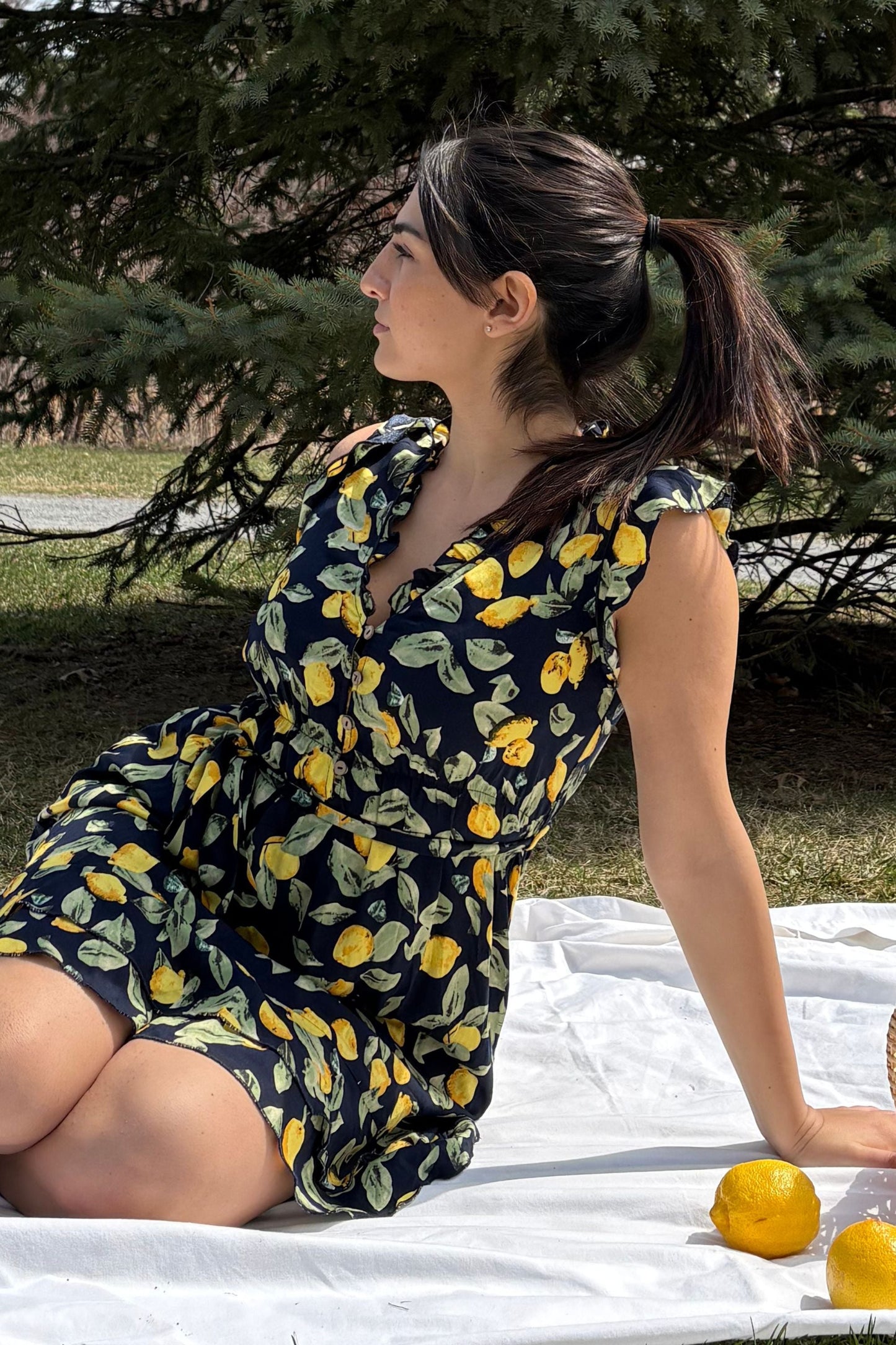 Natasha Lemon Print Short Dress Belt Pockets Ruffled Hem-3