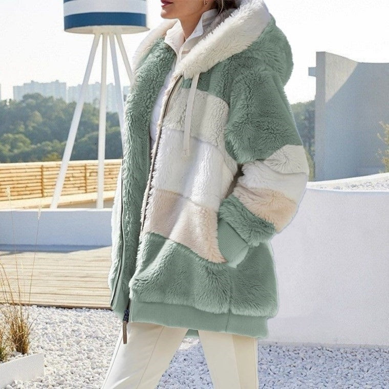 Zipper Pocket Hooded Loose Coat Women