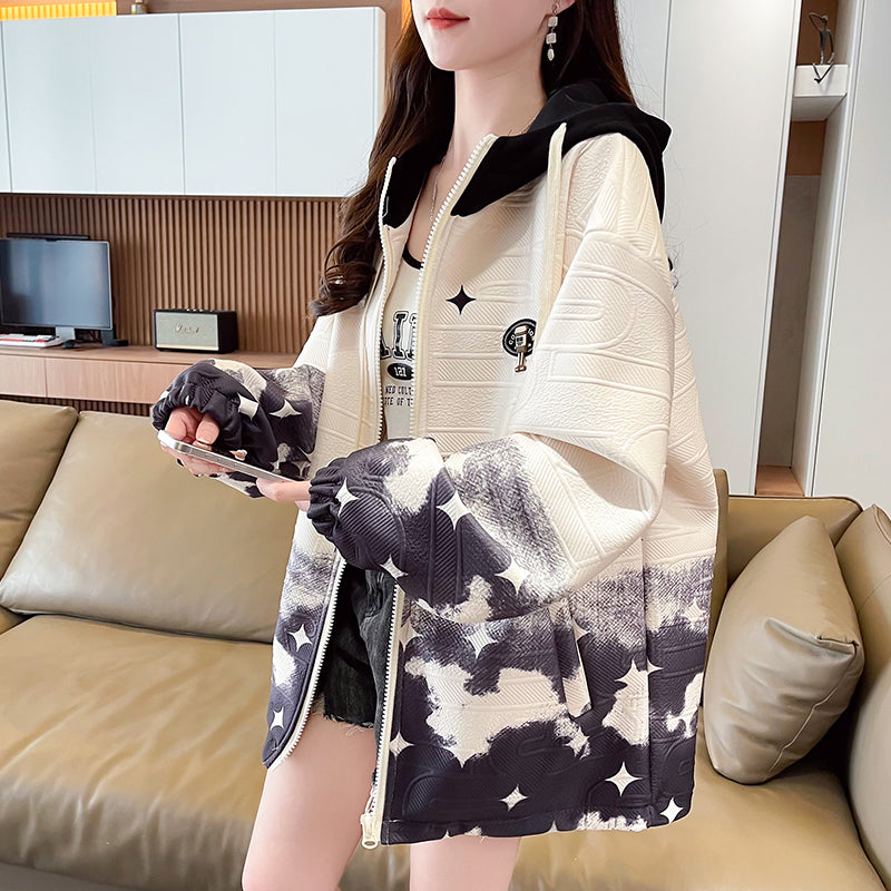 Gradient Color Hooded Baseball Jacket for Women