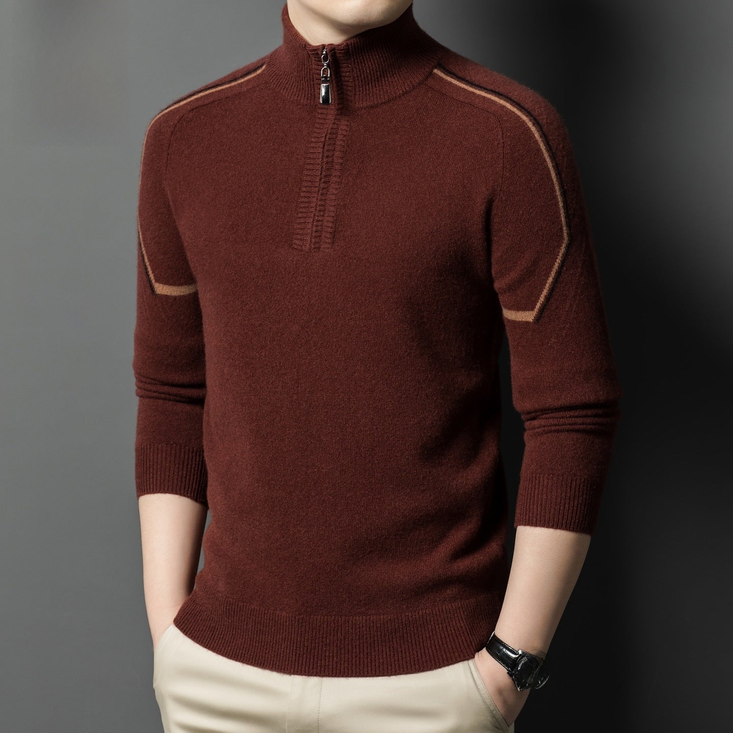 Stand-Up Collar Color-Blocked Sweater for Men