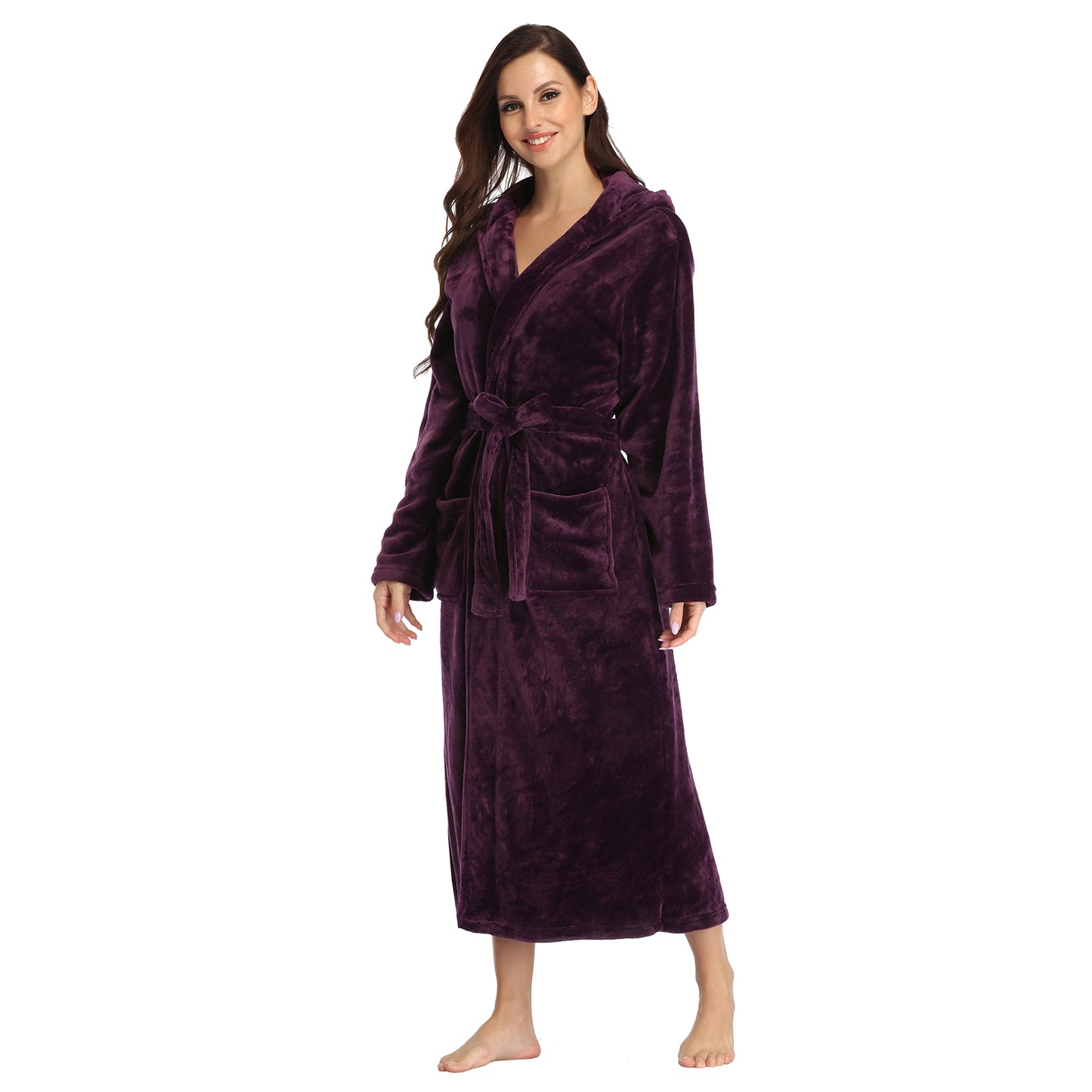 RONGTAI Womens Long Robes Plush Fleece Nightgown Thick Hooded Bathrobe With Pockets Fluffy Sleepwear For Men