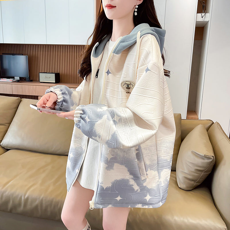 Gradient Color Hooded Baseball Jacket for Women