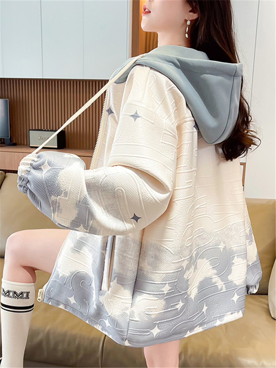 Gradient Color Hooded Baseball Jacket for Women