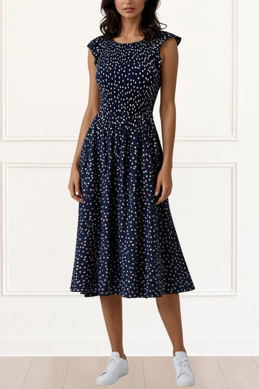 Dominique Polka Dot Midi-Maxi Dress Smocked Frilled Sleeves Navy-0