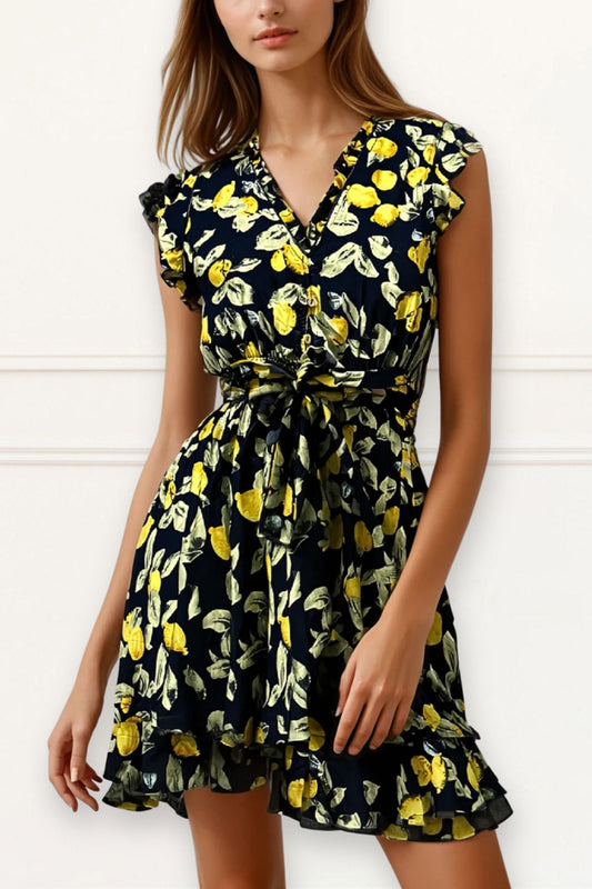 Natasha Lemon Print Short Dress Belt Pockets Ruffled Hem-0
