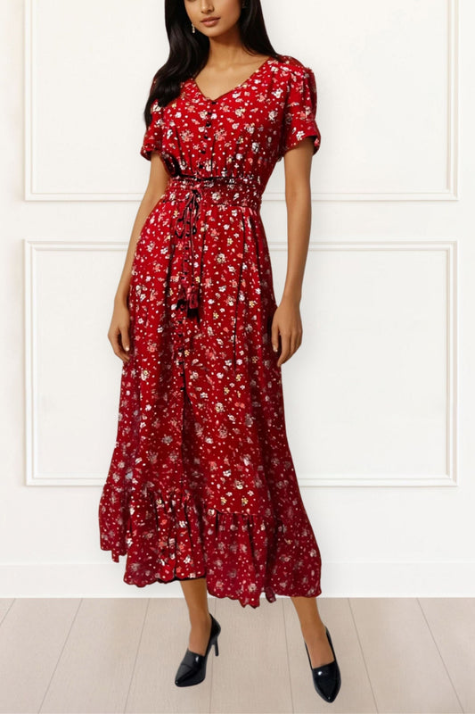 Raquel Ditsy Floral Maxi Dress V-Neck Elasticized Waist Tassel Tie Red-0
