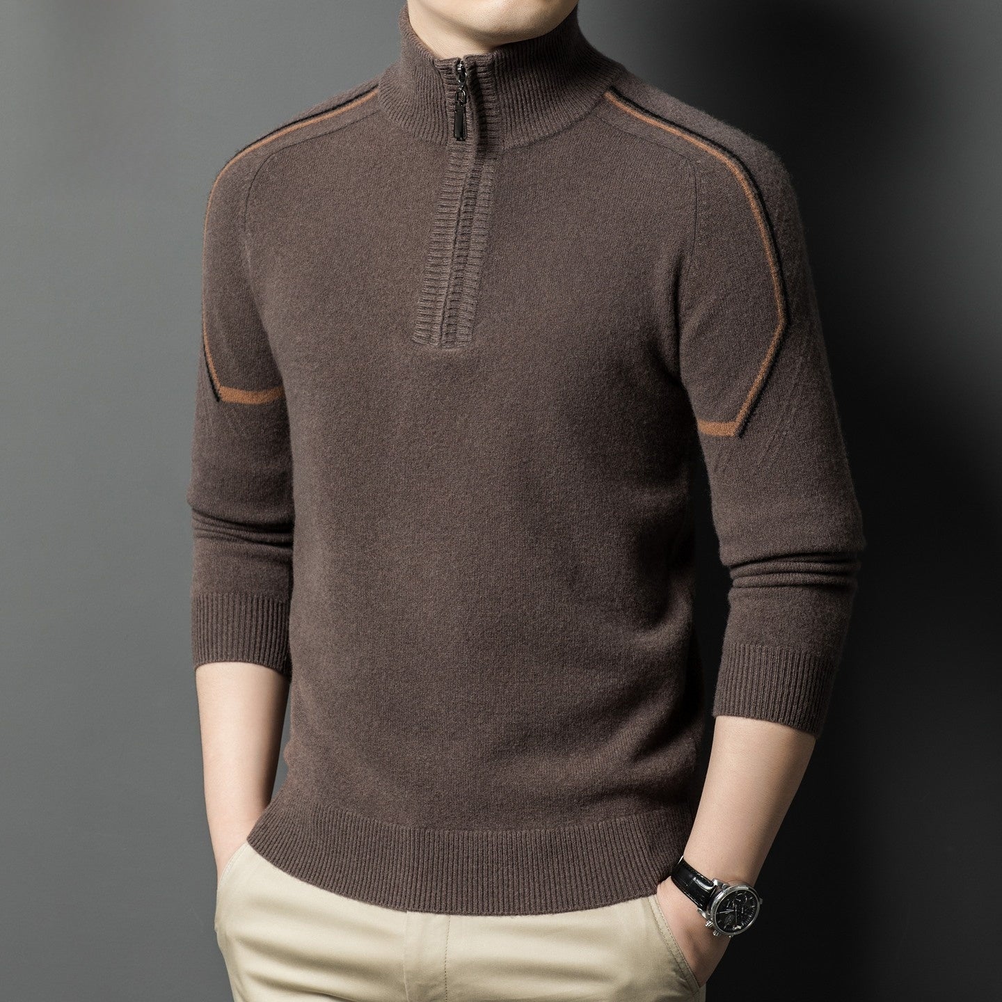 Stand-Up Collar Color-Blocked Sweater for Men