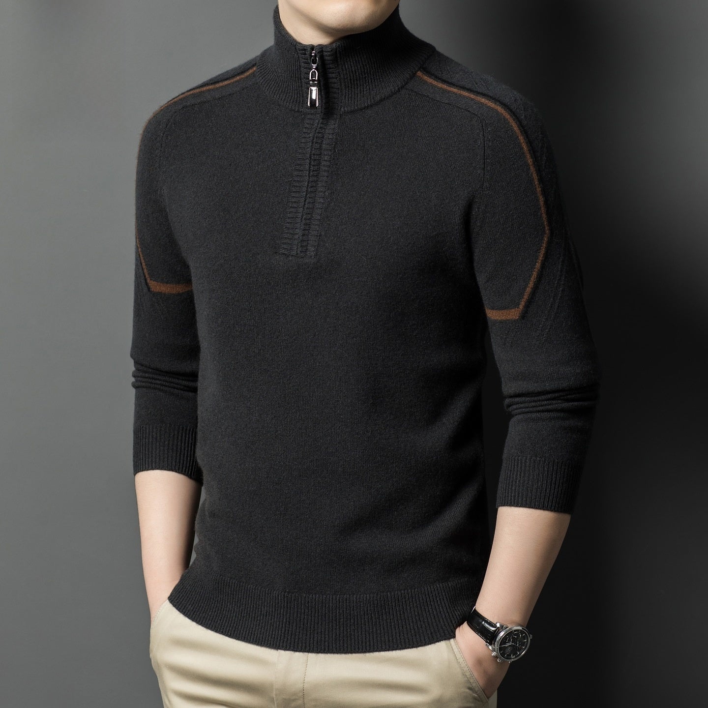 Stand-Up Collar Color-Blocked Sweater for Men