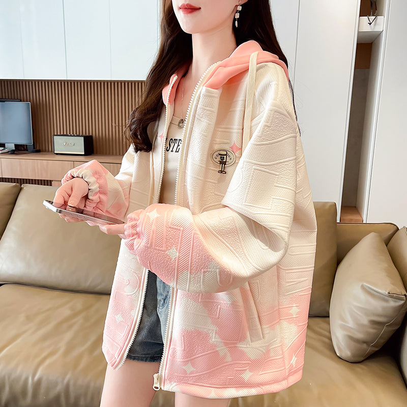 Gradient Color Hooded Baseball Jacket for Women